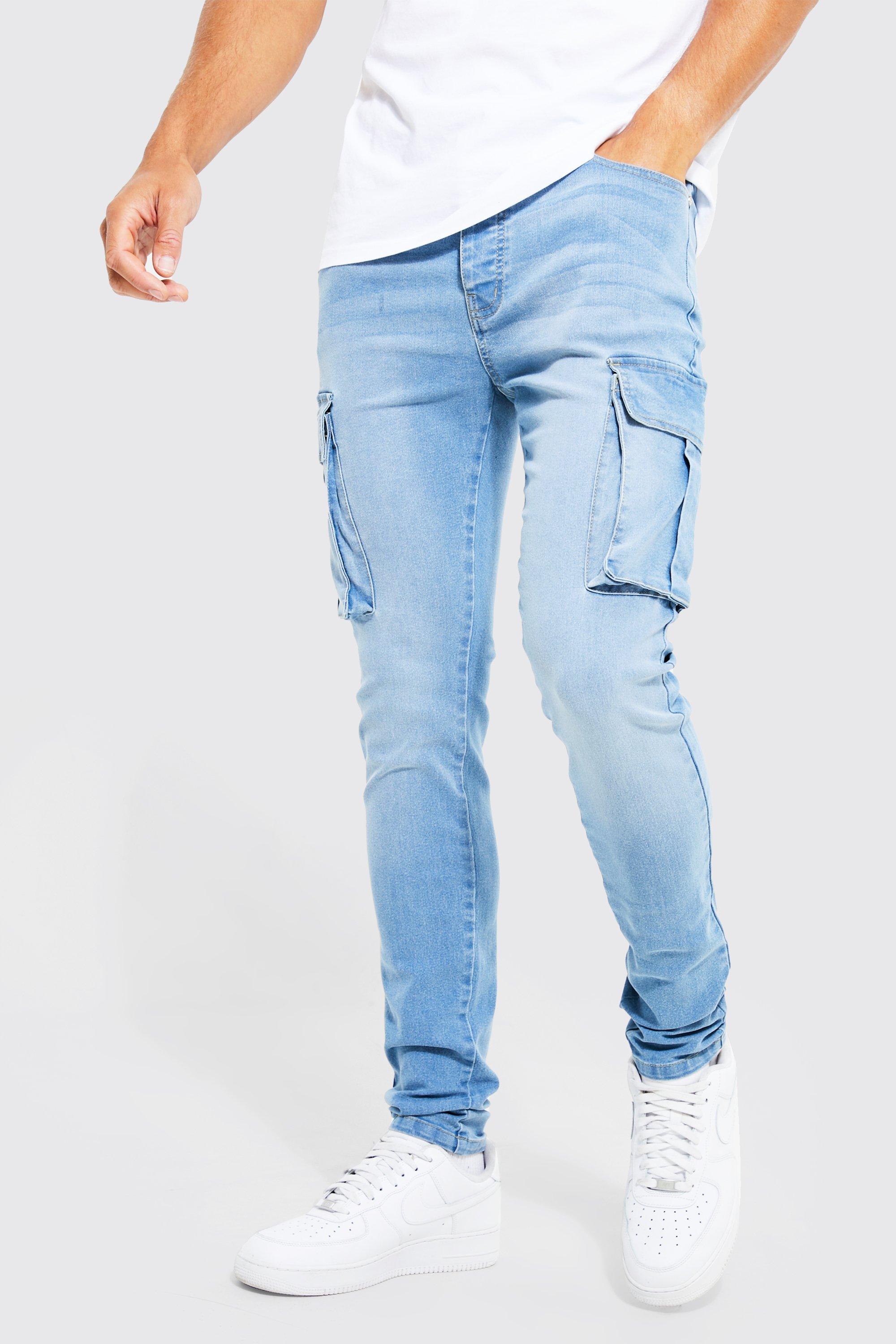 Mens Blue Tall Stretch Skinny Fit Cargo Jean, Blue